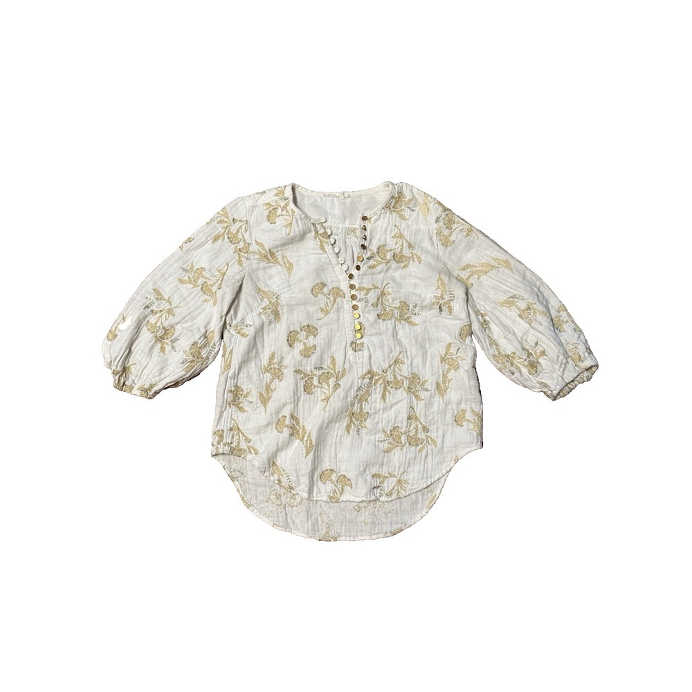 Floreat Size Medium M Ottawa Ivory Gold Embroidered Floral Button Cotton Top